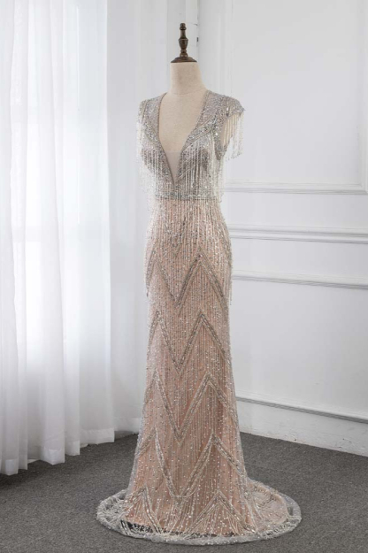 BMbridal Luxury V-Neck Silver Mermaid Prom Dresses with Crystals On Sale