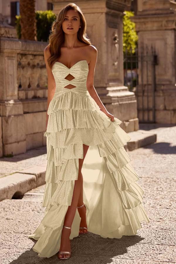 Strapless Sleeveless Long Split Prom Dress With Pleated Beading