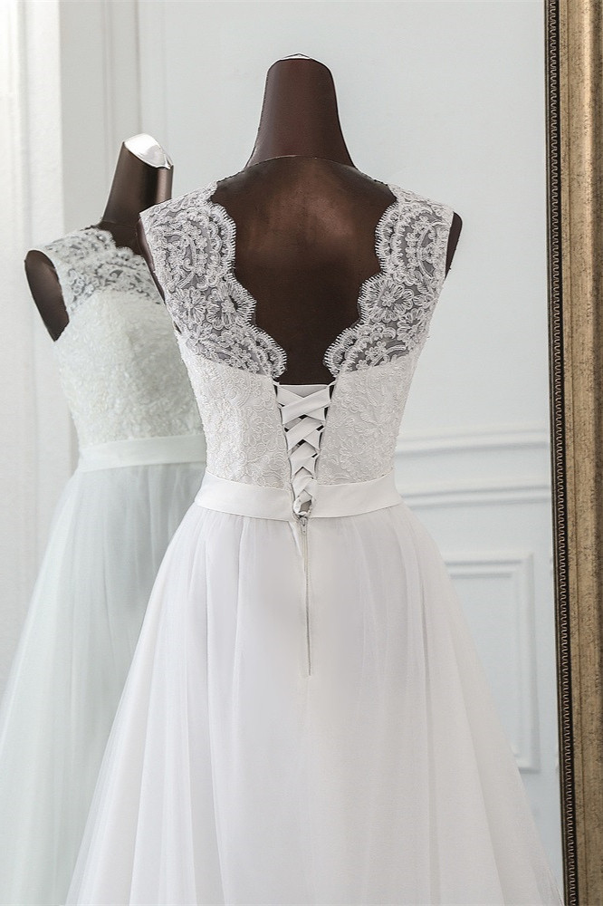 BMbridal Elegant Tullace Jewel Sleeveless White Wedding Dresses with Appliques Online