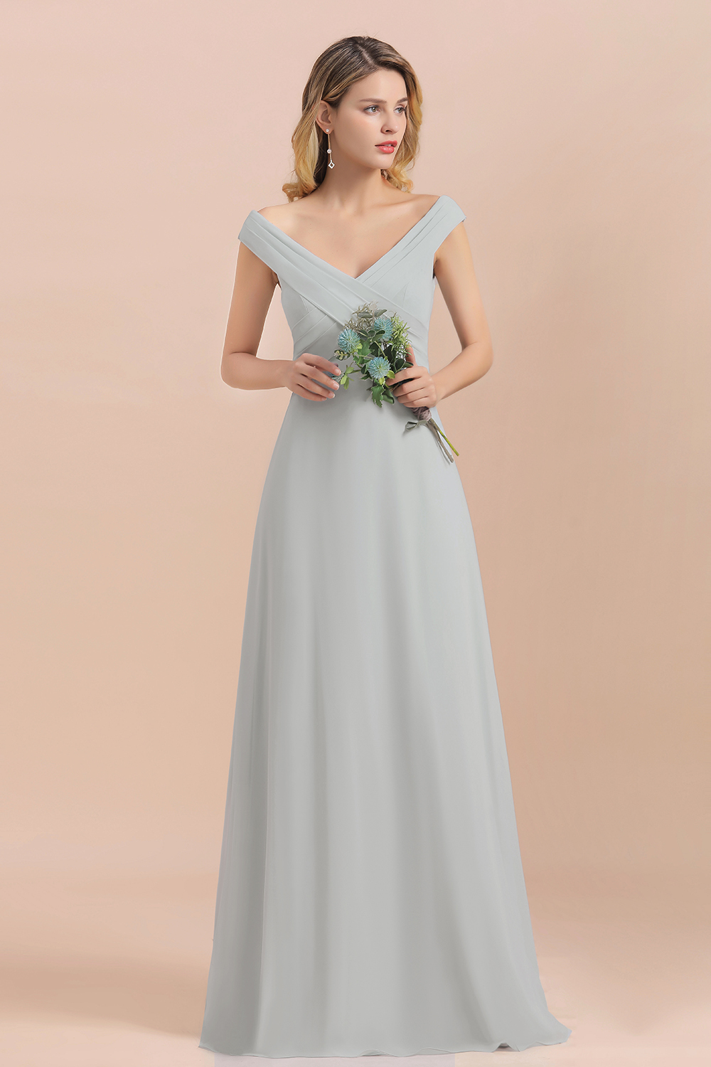 BMbridal Modest Off-the-Shoulder Mist Chiffon Bridesmaid Dresses with Pleats-BMbridal