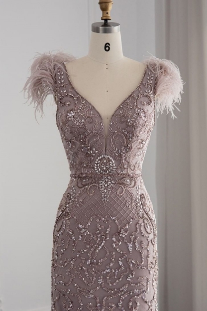 Bmbridal A-Line Taupe V-Neck Tulle Cap Sleeves Prom Dresses with Appliques