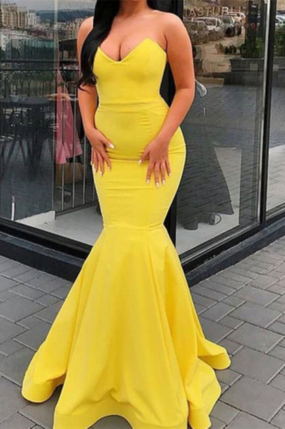 Bmbridal Yellow Sweetheart Mermaid Sleeveless Prom Dress With Ruffles