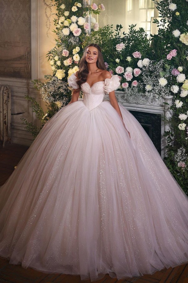 BMbridal Off-the-Shoulder Ball Gown Tulle Wedding Dress Shinning Sequins-BMbridal
