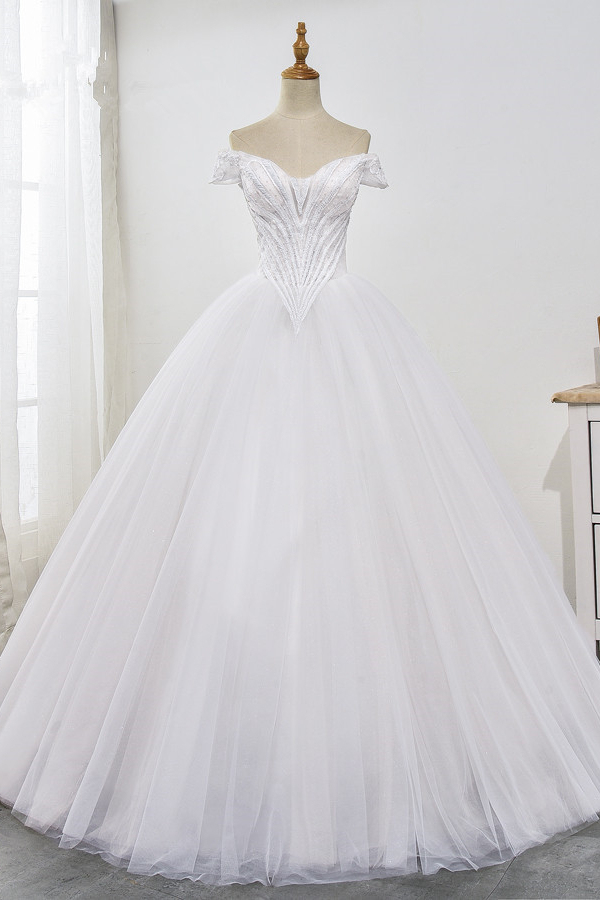 BMbridal Stunning Off-the-Shoulder Ball Gown White Tulle Wedding Dress Sweetheart Sleeveless Beadings Bridal Gowns Online-BMbridal
