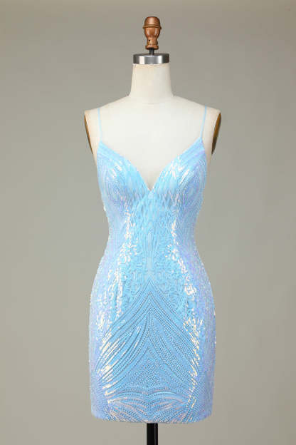 Glitter Blue Sequins Tight Short Homecoming Dress