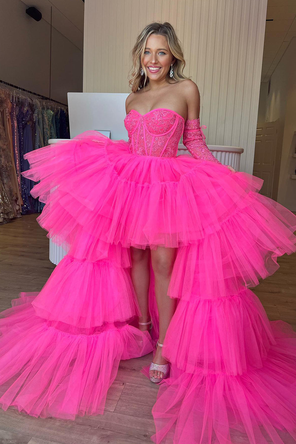 Hot Pink High Low Detachable Sleeves Corset Homecoming Dress with Lace-BMbridal
