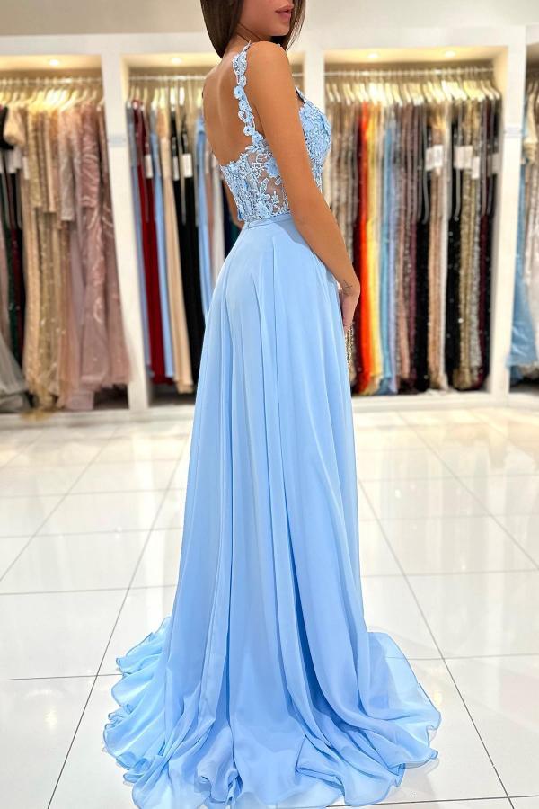 Bmbridal Sky Blue Sleeveless Long Prom Dress Slit Sleeveless With Appliques