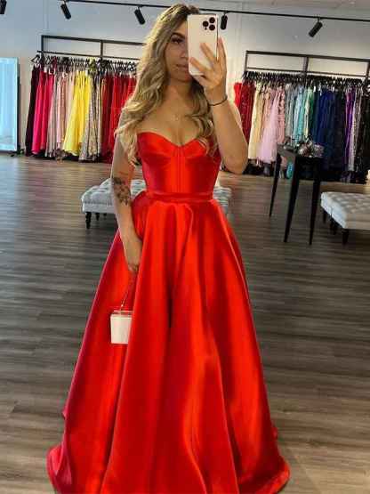 Red A Line Strapless Sweetheart Satin Long Prom Dress with Slit