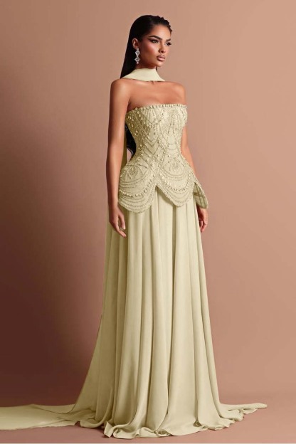 Strapless Sleeveless Long Prom Dress With Beading Pleated Wrap