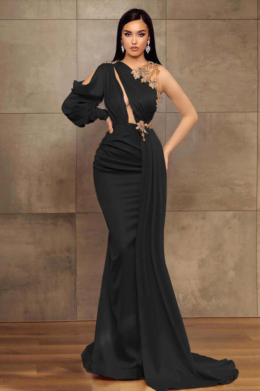 Chic Mermaid One Shoulder Long Sleeve Pleated Long Prom Dress With Beadings