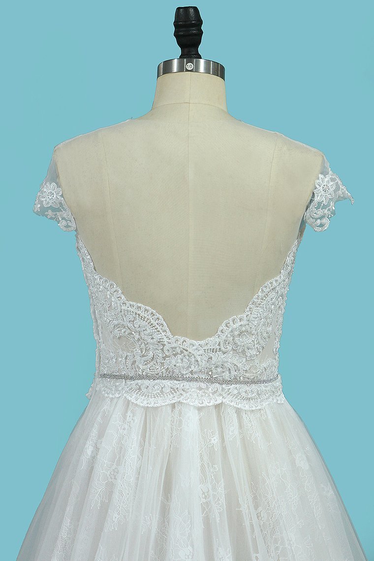 BMbridal Chic Jewel Sleeveless Tulle Wedding Dress Lace Appliques Ruffles Bridal Gowns On Sale-BMbridal