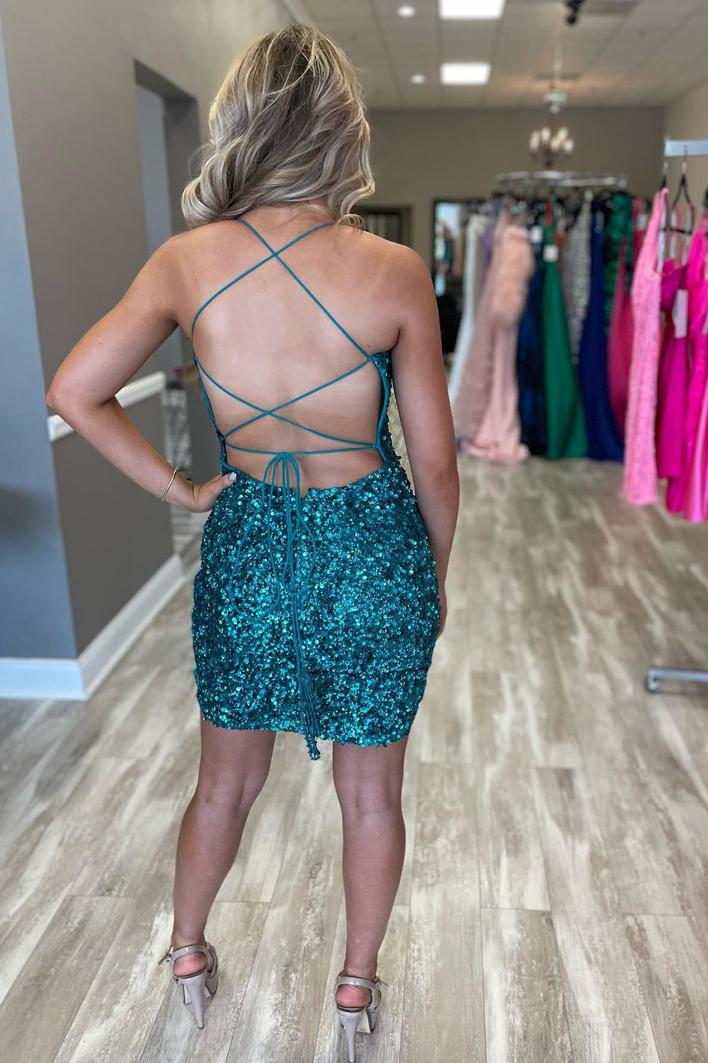 Sparkly Green Backless Spaghetti Straps Tight Short Homecoming Dress-BMbridal
