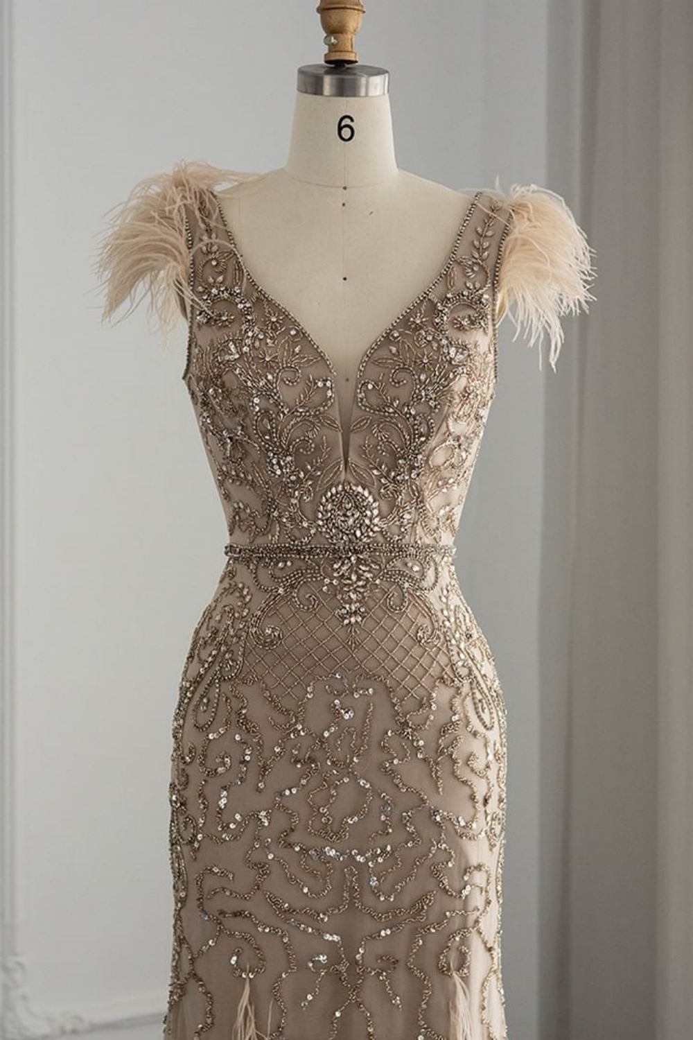Bmbridal A-Line Taupe V-Neck Tulle Cap Sleeves Prom Dresses with Appliques