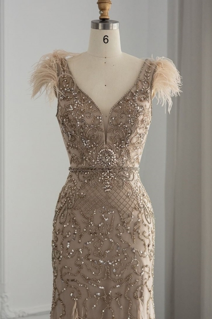 Bmbridal A-Line Taupe V-Neck Tulle Cap Sleeves Prom Dresses with Appliques