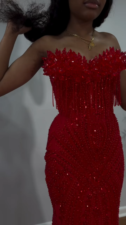 The Ruby Heiress - 2026 Hand-Beaded Crimson Mermaid Gown with Matching Crystal-Encrusted Hooded Veil