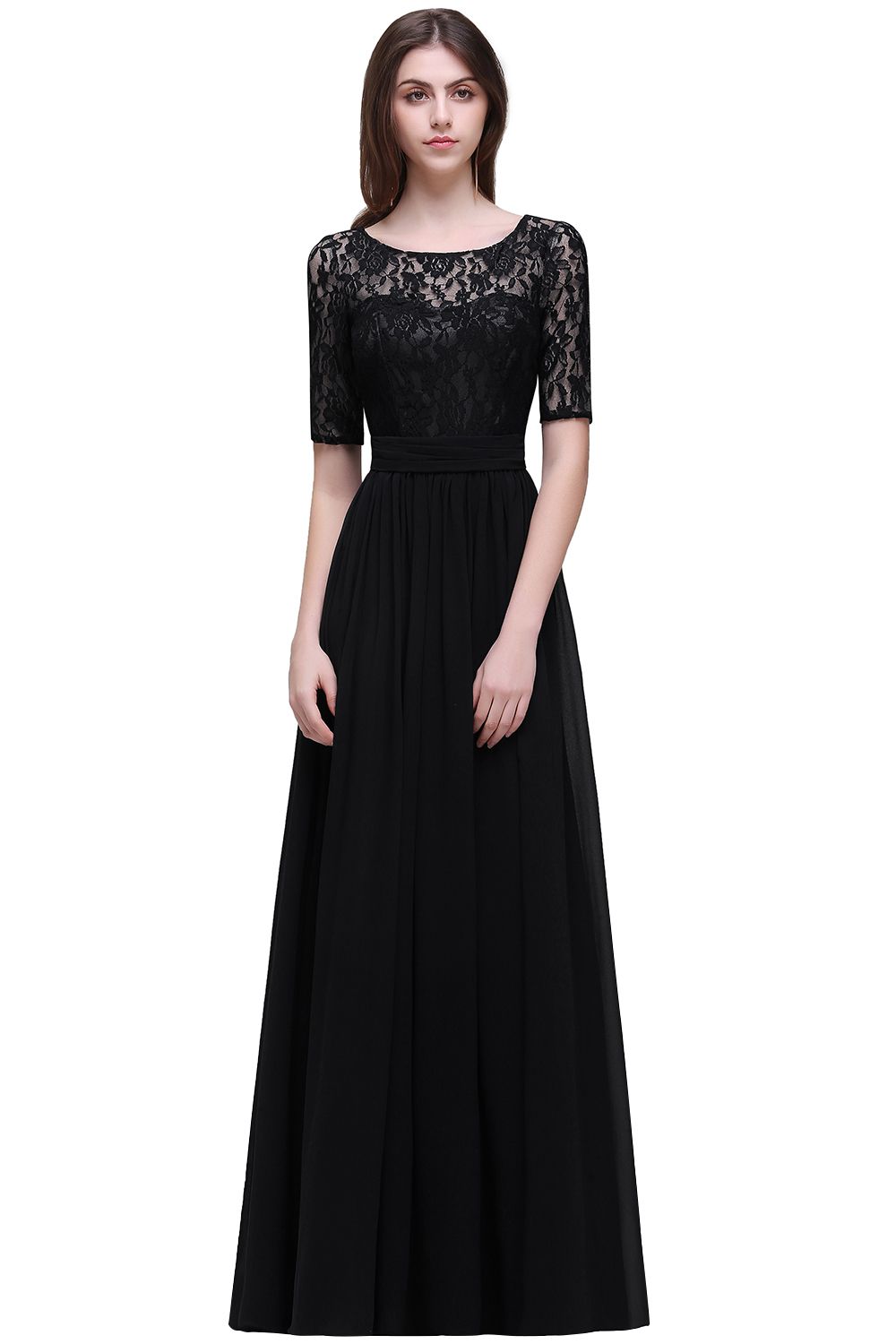 BMbridal Half-Sleeve Lace Long Chiffon Evening Dress