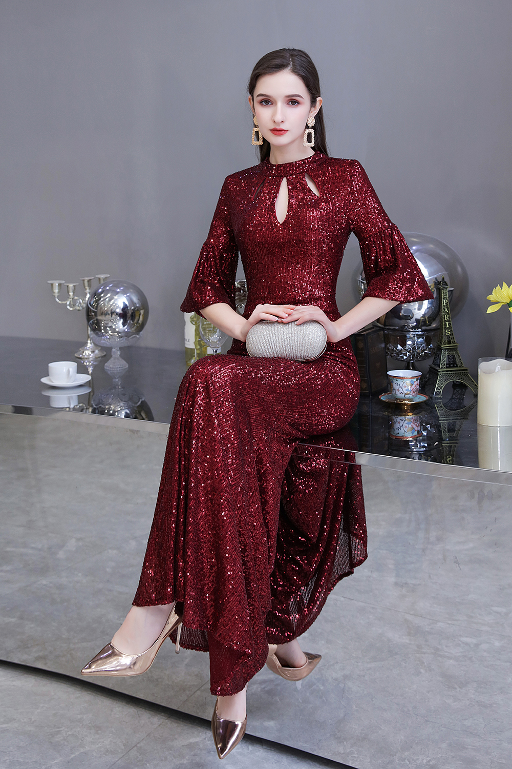 BMbridal Burgundy Half Sleeve Sequins Prom Dress Long Party Gowns Online