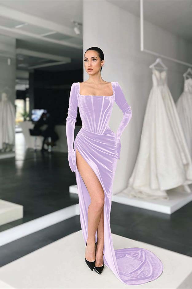 Stunning Square Neck Long Sleeves Pleated Long Prom Dress With Side Split