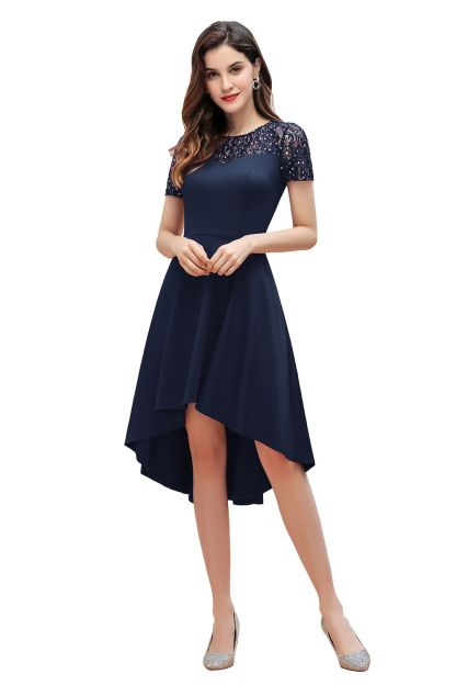 BMbridal Lovely Jewel Satin Sequins Bridesmaid Dress Short Sleeve Burgundy Cocktail Dress