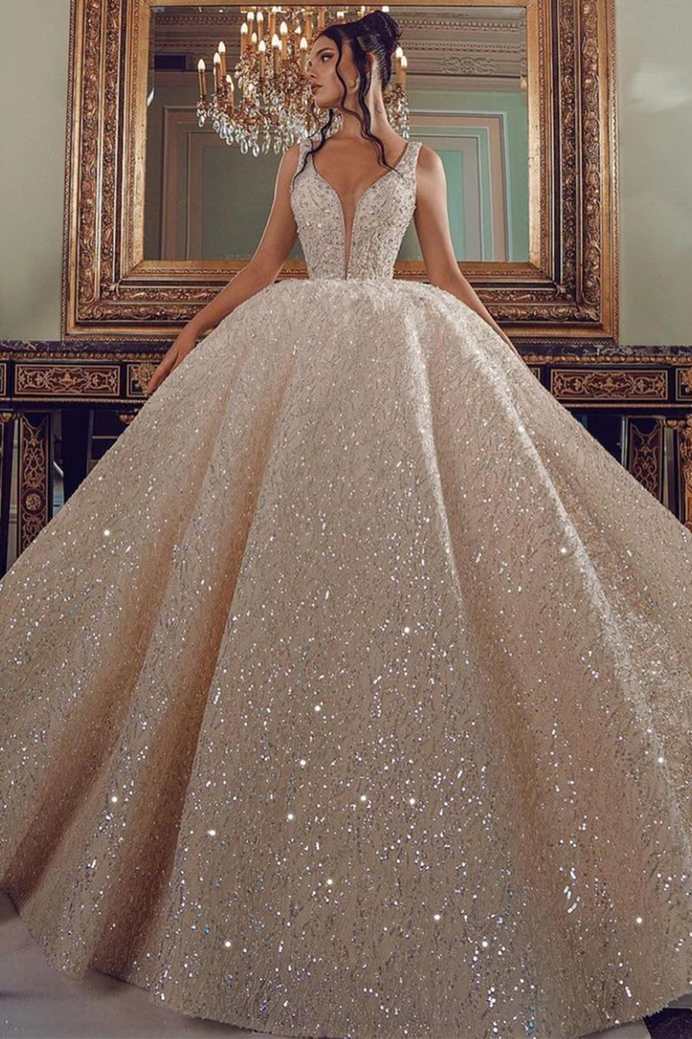 BMbridal V-Neck Sleeveless Ball Gown Wedding Dress With Sequins-BMbridal
