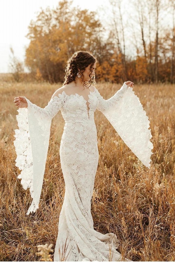 Glamorous Mermaid Long Sleeves Floor-Length Wedding Dresses with Lace