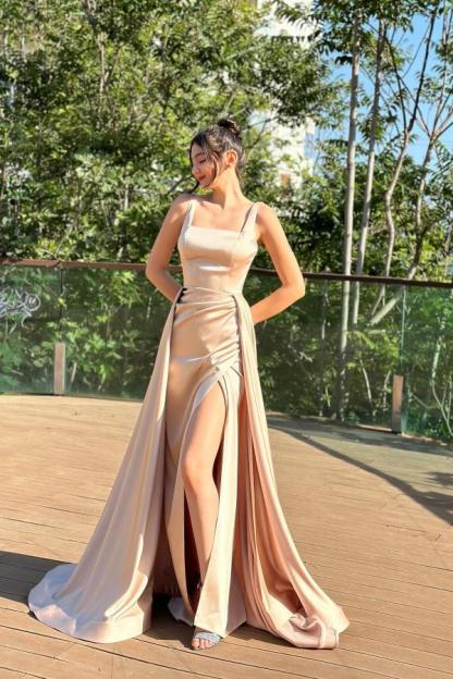 Beautiful Mermaid Floor-Length Square Neck Sleeveless Satin Prom Dresses with Slit