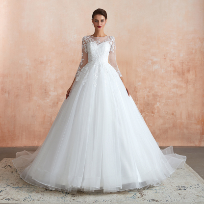 BMbridal Affordable Lace Jewel White Tulle Wedding Dresses with 3/4 Sleeves