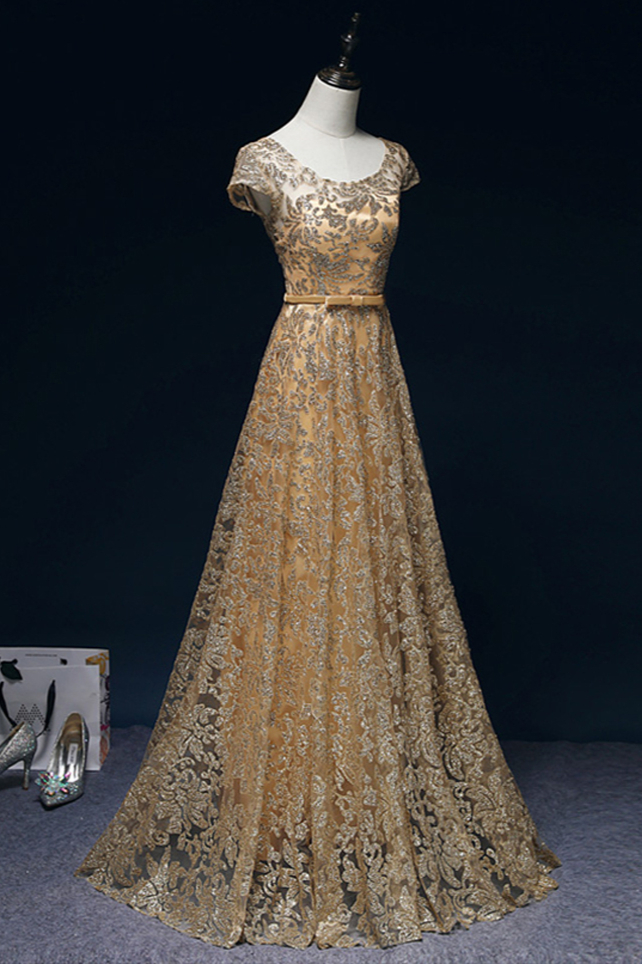 BMbridal Gorgeous Tulle Lace Jewel Gold Prom Dresses Short Sleeves Appliques A-Line Formal Dresses