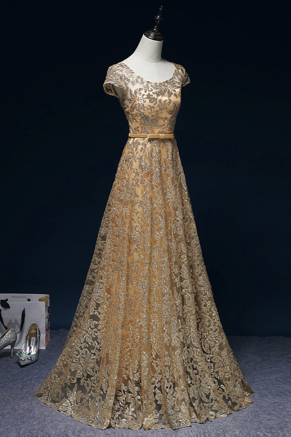 BMbridal Gorgeous Tulle Lace Jewel Gold Prom Dresses Short Sleeves Appliques A-Line Formal Dresses