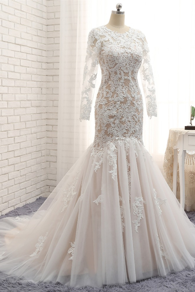 BMbridal Elegant Longsleeves Jewel Mermaid Wedding Dresses Champagne Tulle Bridal Gowns With Appliques On Sale-BMbridal