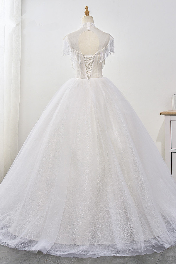 BMbridal Luxury Ball Gown High-Neck Tulle Wedding Dress Sparkly Sequins Sleeveless Appliques Bridal Gowns with Tassels-BMbridal