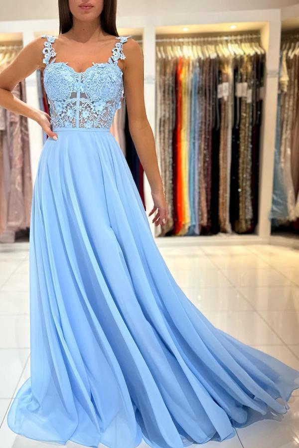 Bmbridal Sky Blue Sleeveless Long Prom Dress Slit Sleeveless With Appliques