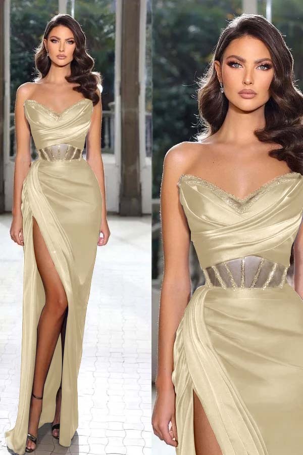 Strapless Sleeveless Long Mermaid Prom Dress With Split Pleated