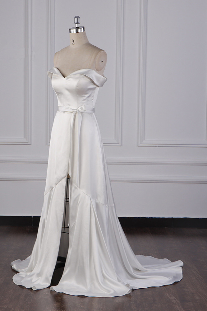 BMbridal Sexy Off-the-Shoulder Satin Wedding Dress Sweetheart Front Slit Bridal Gowns with Bow On Sale-BMbridal