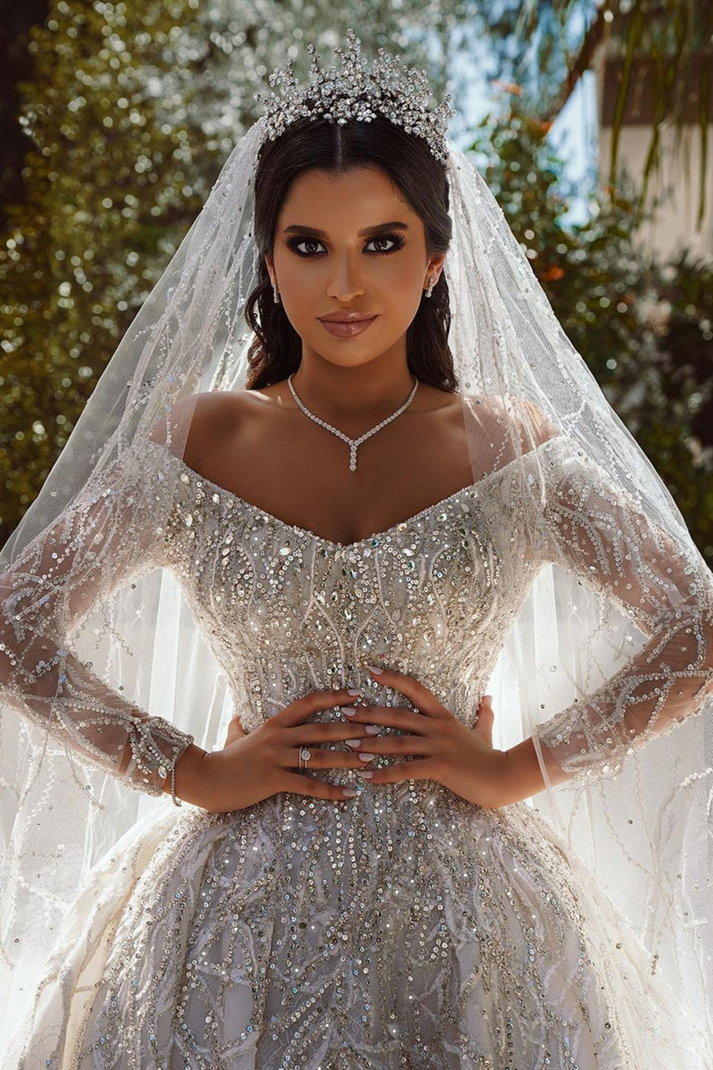 BMbridal Long Sleeves Crystal Wedding Dress Ball Gown Off-the-Shoulder-BMbridal