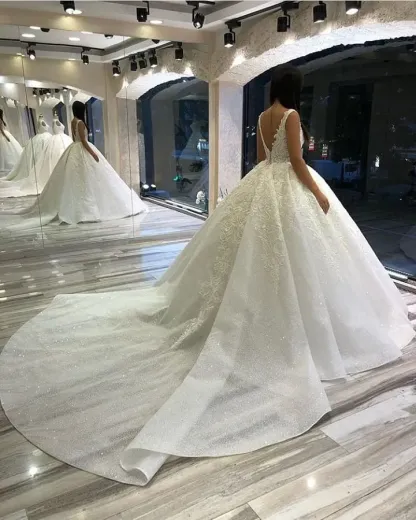 Stunning Spaghetti-Straps Sequins Backless Ball Gown Sweetheart Wedding Dress with Appliques Lace