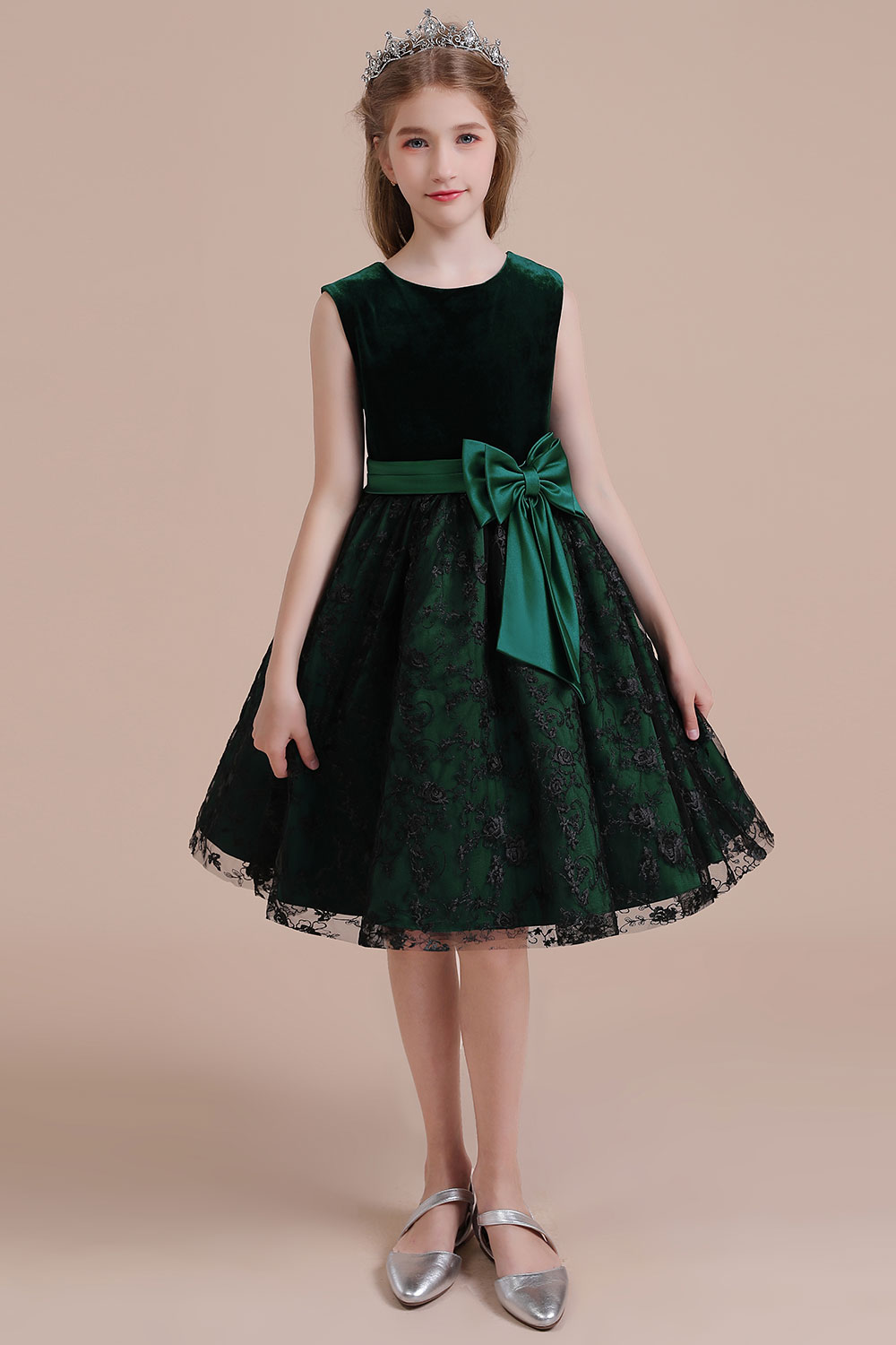BMbridal A-Line Lace Velvet Knee Length Flower Girl Dress Online-BMbridal