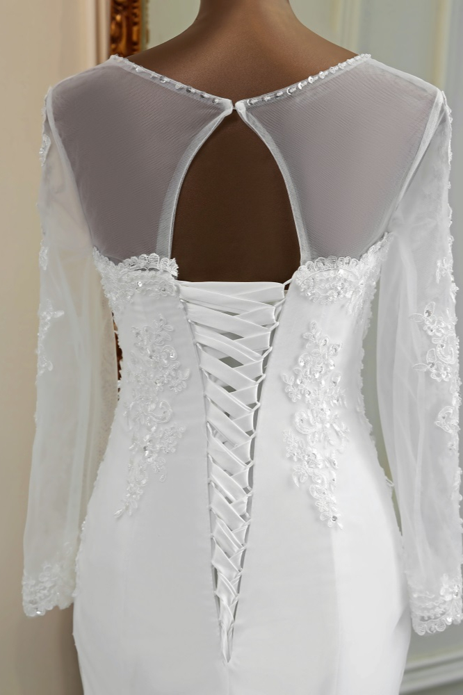 BMbridal Elegant Jewel Long Sleeves White Mermaid Wedding Dresses with Rhinestone Applqiues