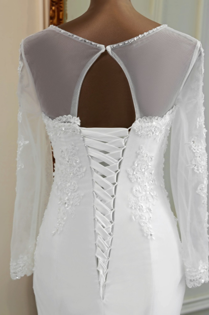 BMbridal Elegant Jewel Long Sleeves White Mermaid Wedding Dresses with Rhinestone Applqiues