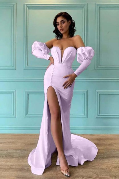 Ivory Bubble Sleeves Sweetheart Long Mermaid Prom Dress With Front Split