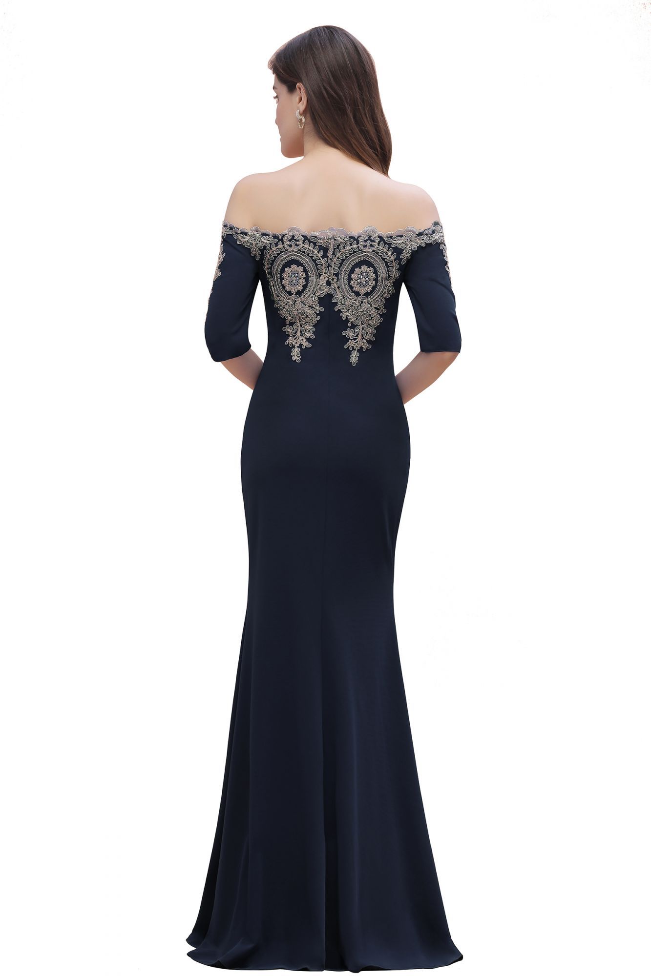 BMbridal Mermaid Off-Shoulder Chiffon Lace Half Sleeve Evening Dress