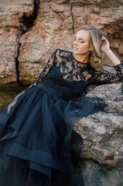 Unique Black Bateau Long Sleeves Ruffles A-Line Wedding Dress with Appliques Lace Tulle