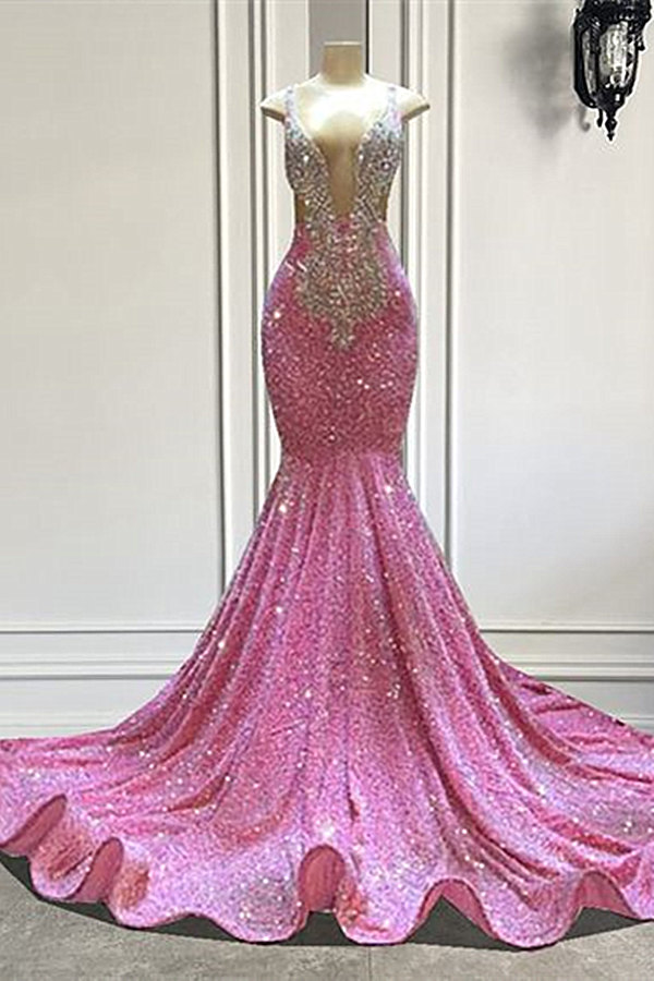 Bmbridal V-Neck Pink Prom Dress Mermaid Sleeveless With Beads