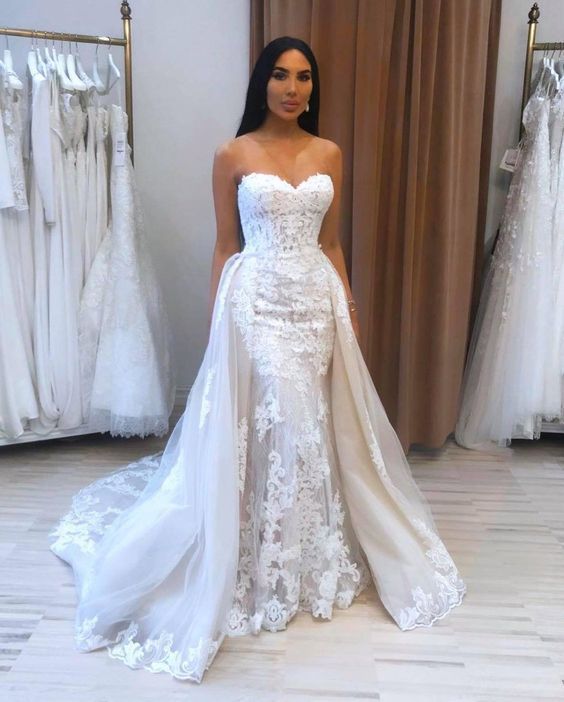 BMbrida Sweetheart Overskirt Lace Wedding Dress Mermaid With Appliques-BMbridal