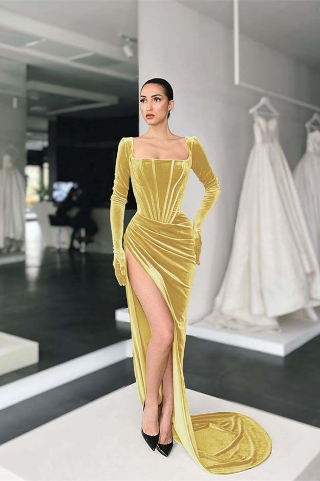 Stunning Square Neck Long Sleeves Pleated Long Prom Dress With Side Split