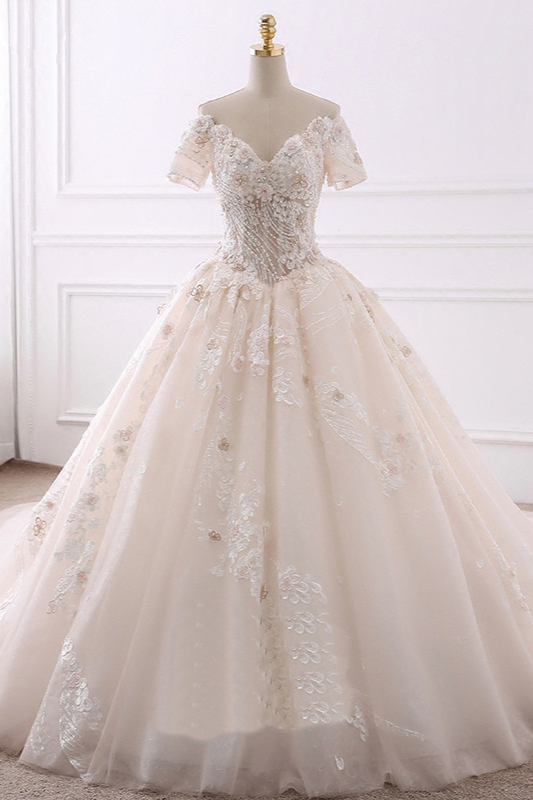 BMbridal Ball Gown V-Neck Tulle Beadings Wedding Dress Lace Appliques Short Sleeves Bridal Gowns with Flowers On Sale-BMbridal