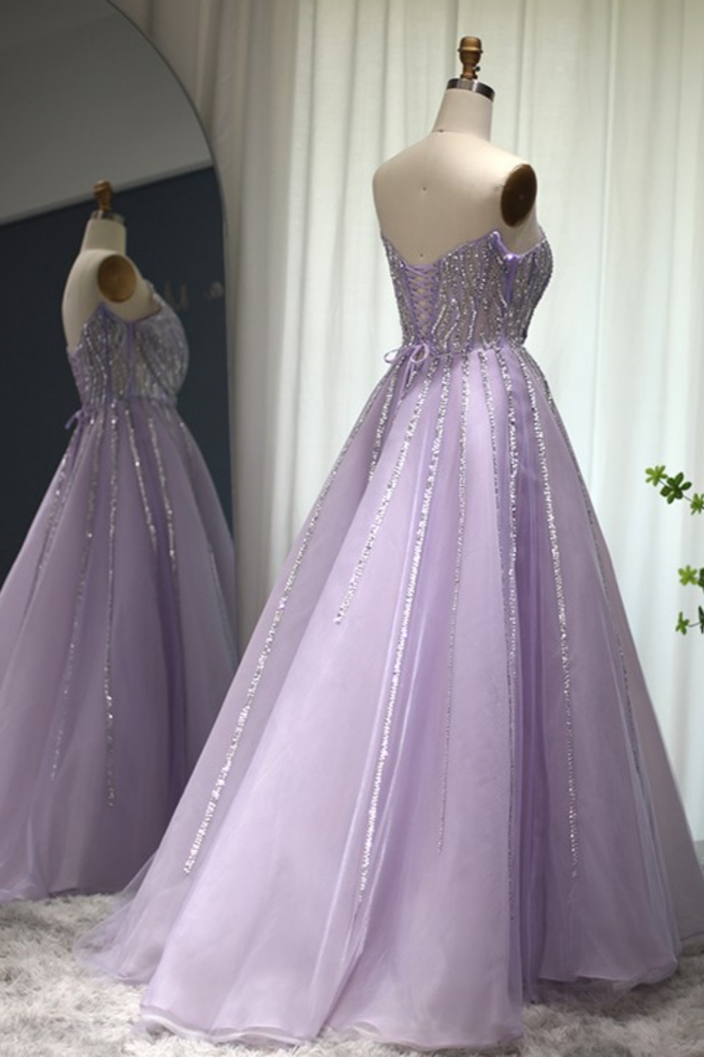 Bmbridal Lilac Tulle Strapless Sleeveless Floor-Length Prom Dresses with Ruffles