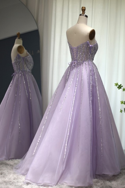Bmbridal Lilac Tulle Strapless Sleeveless Floor-Length Prom Dresses with Ruffles