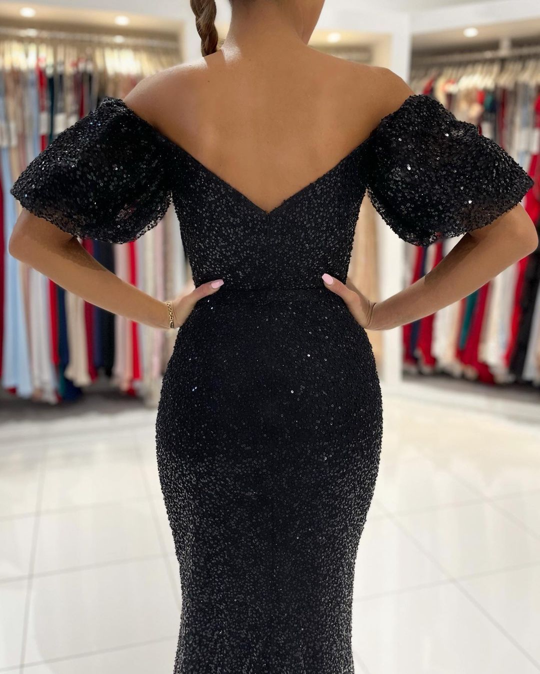 Bmbridal Off-the-Shoulder Black Sequins Prom Dress Mermaid With Split