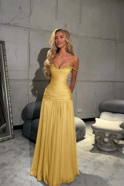 Off the Shoulder Sleeveless Long Prom Dress With Pleated Sequins